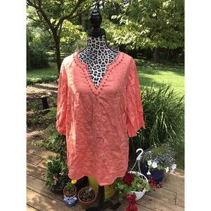 rafaella 100% Linen tunic beaded long sleeves size 1X Melon 3/4 Sleeve EUC